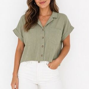 Mi Ami for Francescas Olive Green Linen Blend Button Down Shirt Large